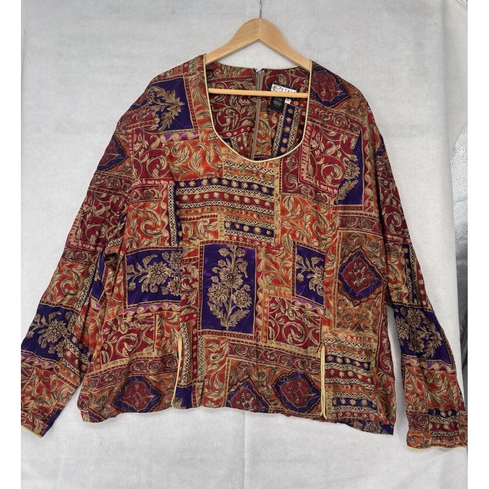 Vtg E Style Spiegel Jacquard Women's Sz 24 Top Gold Cord Trim Boxy Fit Zip Boho